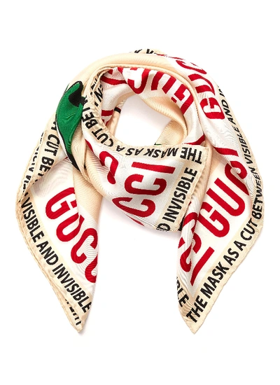 Gucci Masks Print Slogan Silk Scarf In Multi-colour