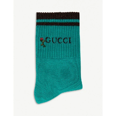 Gucci Floral-embroidered Cotton-blend Socks In Blue
