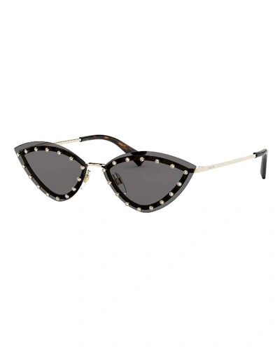 Valentino Rimless Cat-eye Sunglasses W/ Crystal Trim In Smoke