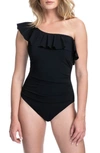 Profile By Gottex Tutti Frutti One Shoulder Ruffle One Piece Swimsuit In Black