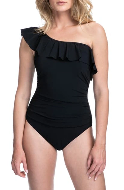 Profile By Gottex Tutti Frutti One Shoulder Ruffle One Piece Swimsuit In Black