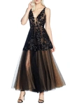 Dress The Population Rachelle Sequin Embroidered Cami Gown W/ Tulle Skirt In Black-nude