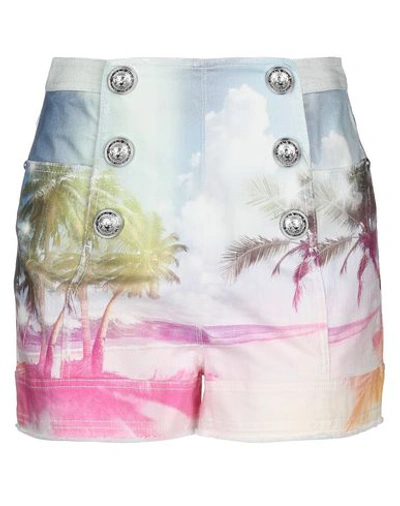 Balmain Printed Denim Shorts In Multicolor
