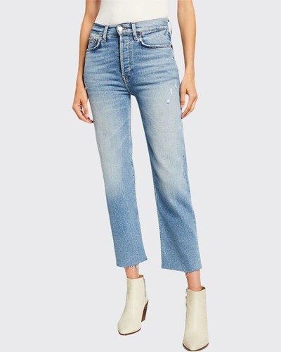 Re/done High-rise Stovepipe Distressed Jeans With Raw-edge Hem In Cloudy Blue
