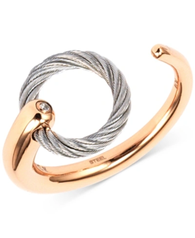 Charriol White Topaz Accent Two-tone Circle Cuff Ring In Stainless Steel And Rose Gold-tone Pvd Stainless Ste