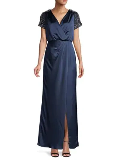 Aidan Mattox Embellished-sleeve Wrap-effect Gown In Twilight