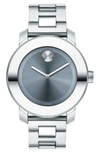 MOVADO 'BOLD' ROUND PATENT LEATHER STRAP WATCH, 36MM,3600518