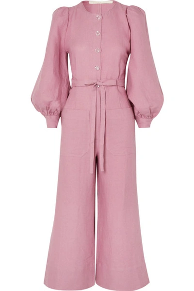 Anna Mason Jane Belted Linen Jumpsuit In Blush