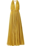 OSCAR DE LA RENTA CHAIN-EMBELLISHED PLEATED SILK-CHIFFON GOWN