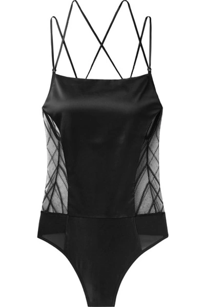 Kiki De Montparnasse Lace-up Swiss-dot Tulle And Silk-charmeuse Thong Bodysuit In Black