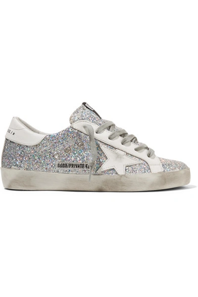 Golden Goose Superstar Distressed Glittered Leather Trainers In Silver