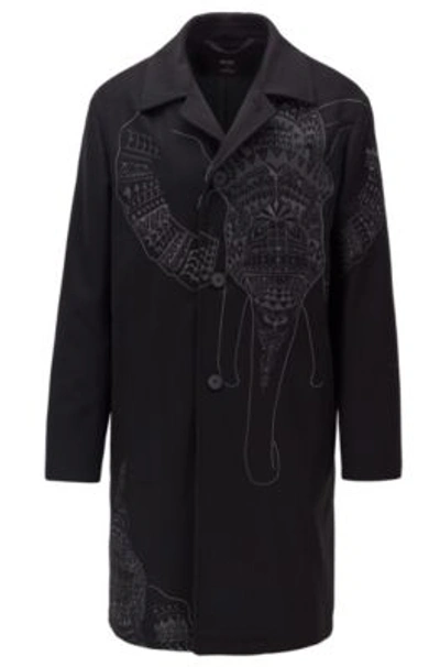 Hugo Boss Car Coat In Wool And Cashmere With Elephant Embroidery In Black