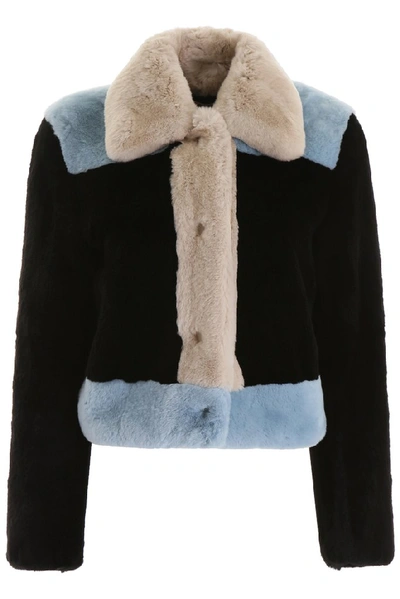 Marni Color Block Fur Jacket In Black,light Blue,white