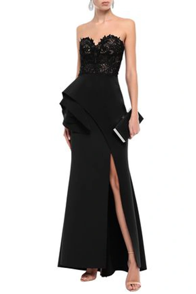 Badgley Mischka Woman Strapless Guipure Lace-paneled Layered Scuba Gown  Black | ModeSens