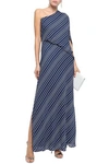 HALSTON HERITAGE ONE-SHOULDER DRAPED STRIPED CREPE DE CHINE GOWN,3074457345621468495