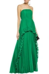 HALSTON HERITAGE HALSTON HERITAGE WOMAN STRAPLESS RUFFLE-TRIMMED PLEATED GEORGETTE GOWN GREEN,3074457345621467649
