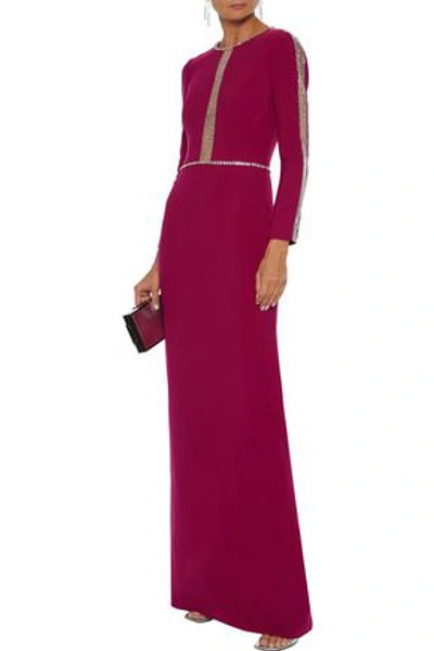Jenny Packham Crystal-embellished Tulle-trimmed Stretch-cady Gown In Magenta