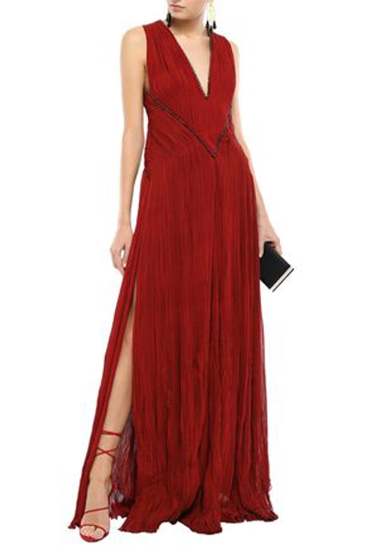 Roberto Cavalli Crystal-embellished Plissé Silk-blend Georgette Gown In Claret