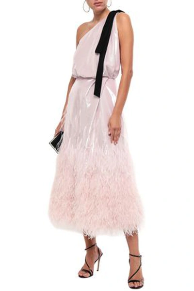 Rochas Woman One-shoulder Feather-trimmed Metallic Fil Coupé Midi Dress Baby Pink