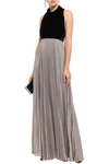 REEM ACRA VELVET AND PLEATED IRIDESCENT CREPE HALTERNECK GOWN,3074457345621298302