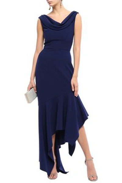 Reem Acra Asymmetric Draped Crepe Maxi Dress In Navy