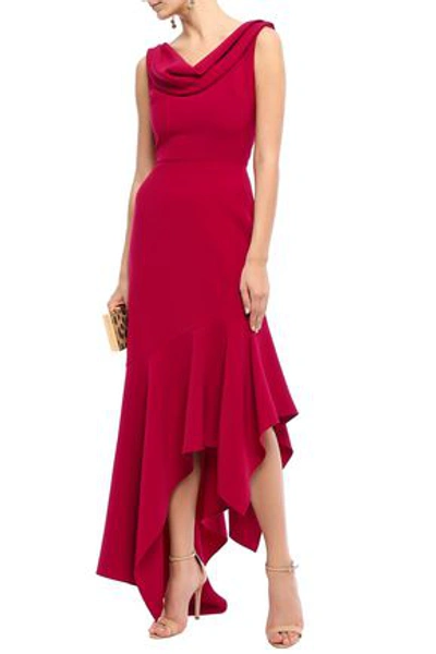 Reem Acra Asymmetric Draped Crepe Maxi Dress In Crimson