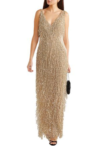 Naeem Khan Fringed Crystal-embellished Sequined Tulle Gown In Gold