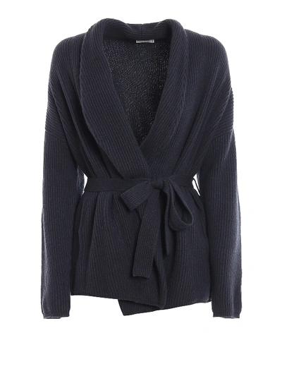 Brunello Cucinelli Rib Knitted Cashmere Belted Cardigan In Blue