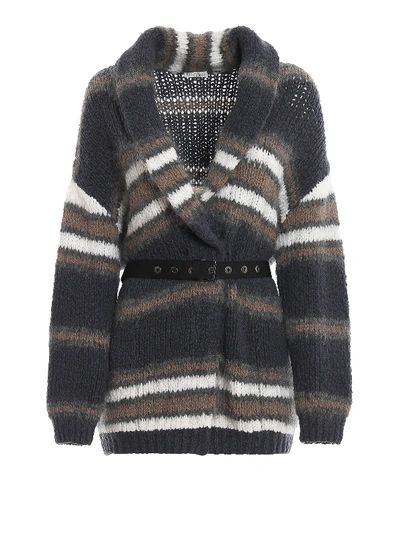 Brunello Cucinelli Striped Wool And Mohair Belted Cardigan In Grey