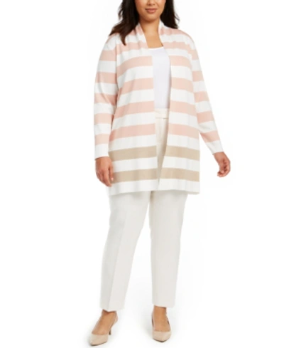Calvin Klein Plus Size Striped Open-front Cardigan In Blush/white/latte