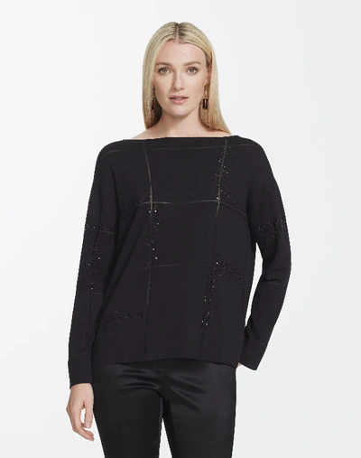 Lafayette 148 Plus-size Matte Crepe Embellished Bateau Neck Sweater In Black