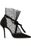 JIMMY CHOO FIRA 100 VELVET-TRIMMED SUEDE AND FLOCKED TULLE PUMPS