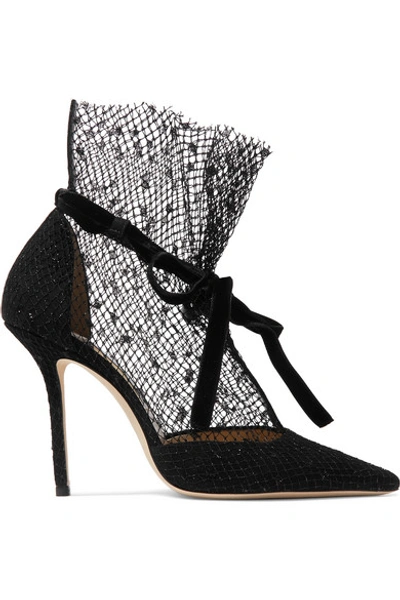 Jimmy Choo Fira 100 Velvet-trimmed Suede And Flocked Tulle Pumps In Black