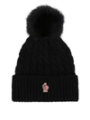 MONCLER FUR POMPOM BLACK CABLE KNIT WOOL BEANIE,5698fabf-3485-5cd3-0c27-4619b2242f10