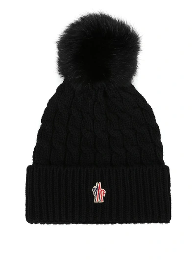 Moncler Fur Pompom Black Cable Knit Wool Beanie