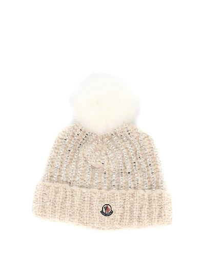 Moncler Fur Pompom Crystal Detailed Beanie In Neutrals