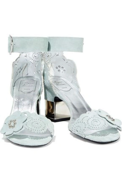Roger Vivier Podium Floral-appliquéd Laser-cut Suede Sandals In Mint