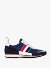 THOM BROWNE NAVY STRIPE LEATHER RUNNER SNEAKERS,MFD128A0558514635797