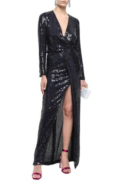 Galvan  London Vera Wrap-effect Sequined Silk-chiffon Gown In Midnight Blue