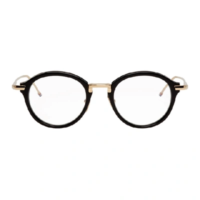 Thom Browne Round Black Shiny Optical Glasses In Black White Gold