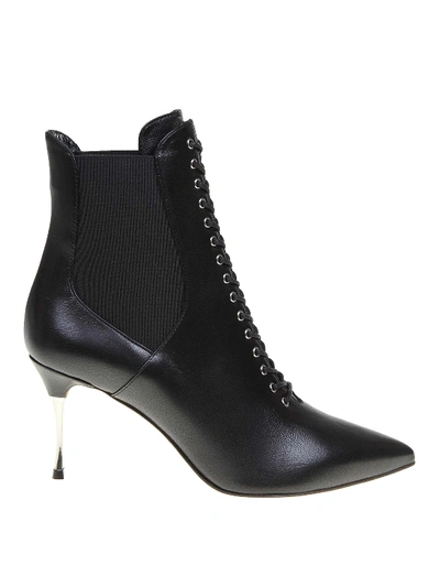 Sergio Rossi Lace Detailed Leather Ankle Boots In Black