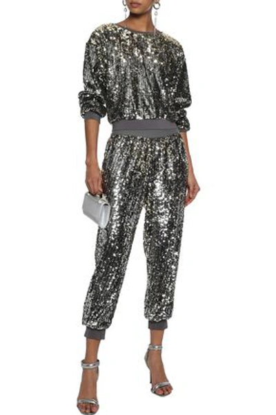 Alice And Olivia Pete Cropped Sequined Jersey Track Pants In Gunmetal