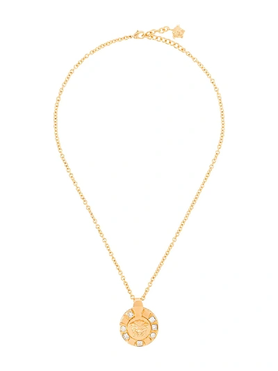 Versace Medusa Crystal Embellished Pendant Necklace In Gold