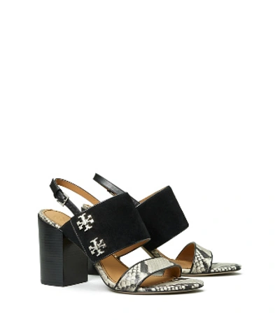 Tory Burch Kira Snake-print Leather And Suede Sandals In Perfect Black/warm Roccia
