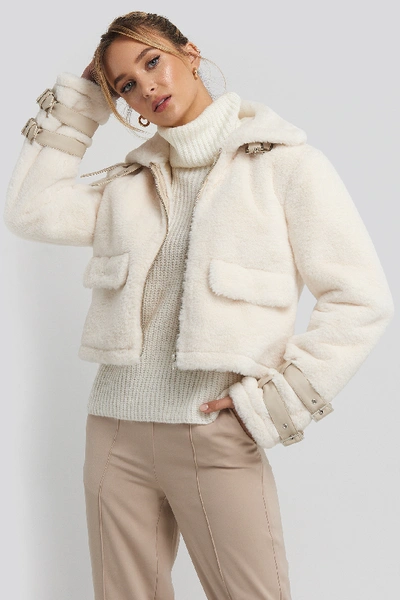 Adorable Caro X Na-kd Faux Fur Cropped Jacket White In Cream