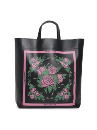 Balenciaga Market Floral Leather Tote In Anthracite