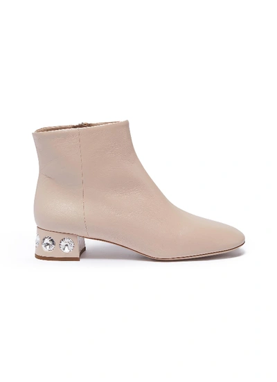 Miu Miu Crystal Embellished Heel Leather Ankle Booties