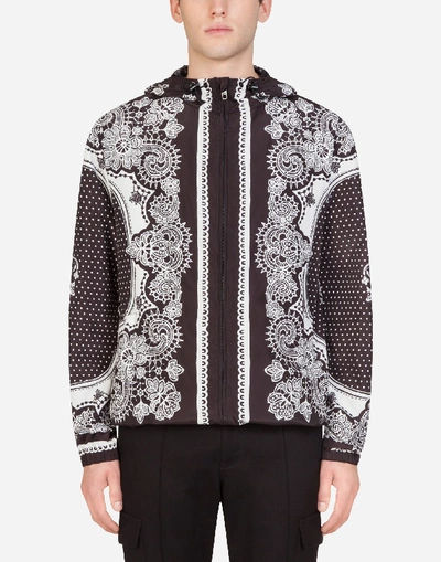Dolce & Gabbana Nylon Jacket With Hood In Bandana Print In Black