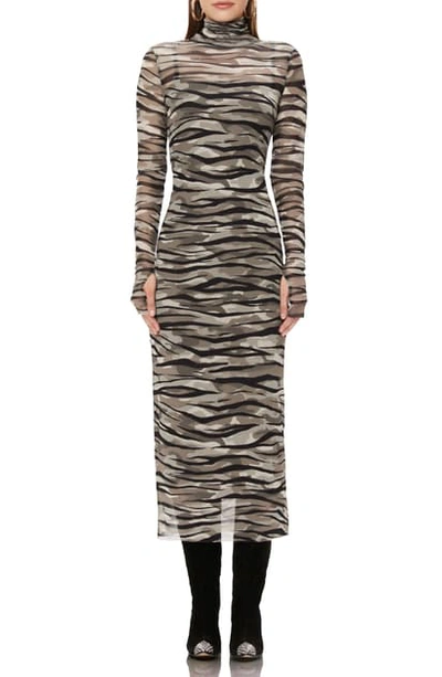 Afrm Shailene Long Sleeve Print Mesh Dress In Zebra Camo