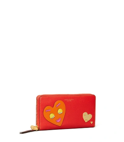 Tory Burch Perry Patchwork Hearts Zip Continental Wallet In Brilliant Red/crazy Pink